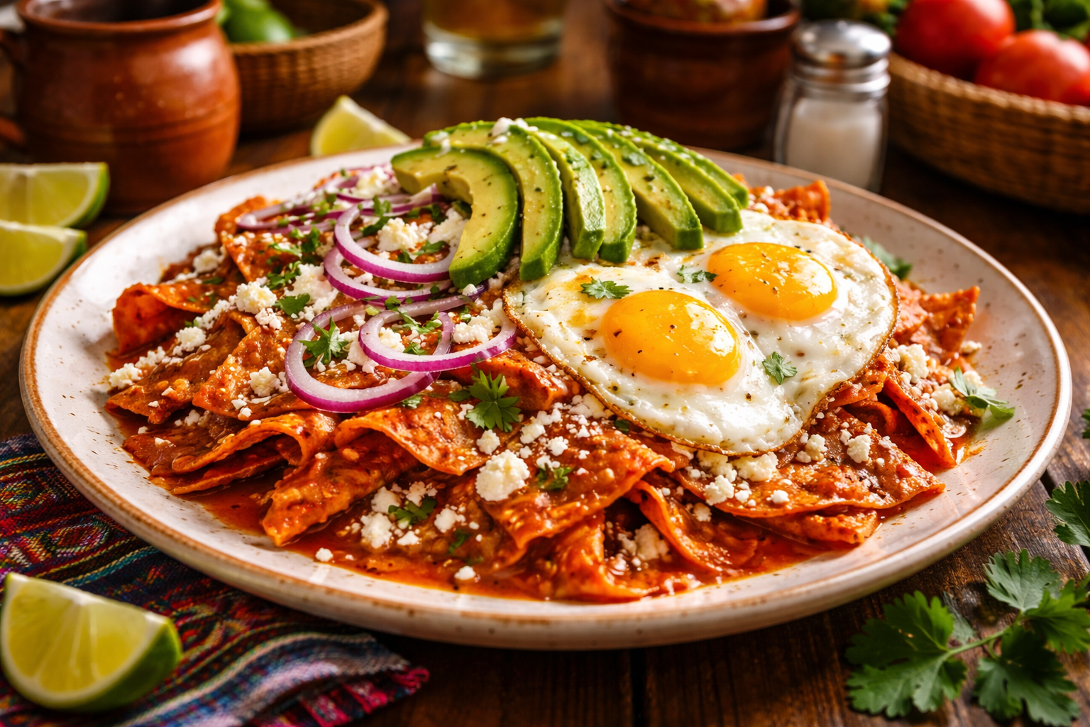 Chilaquiles rojos con huevo y aguacate